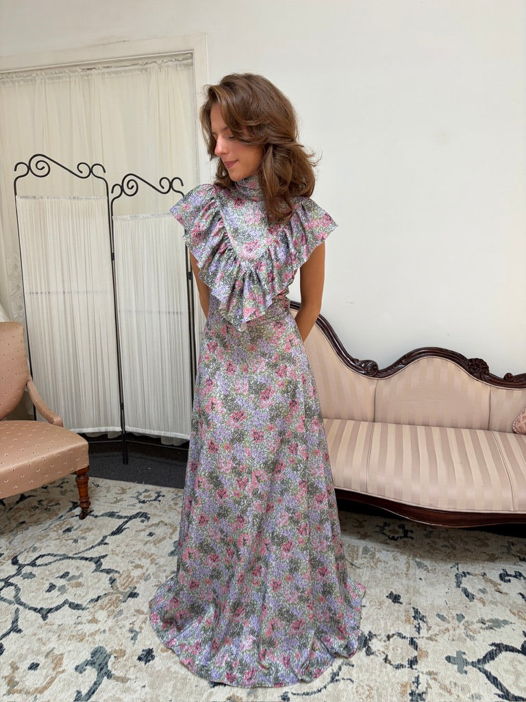 Vintage 70s high neck metallic floral a-line floor length dress