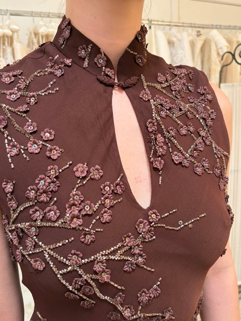 Vintage 00s Sue Wong high neck brown ombre beaded evening dress