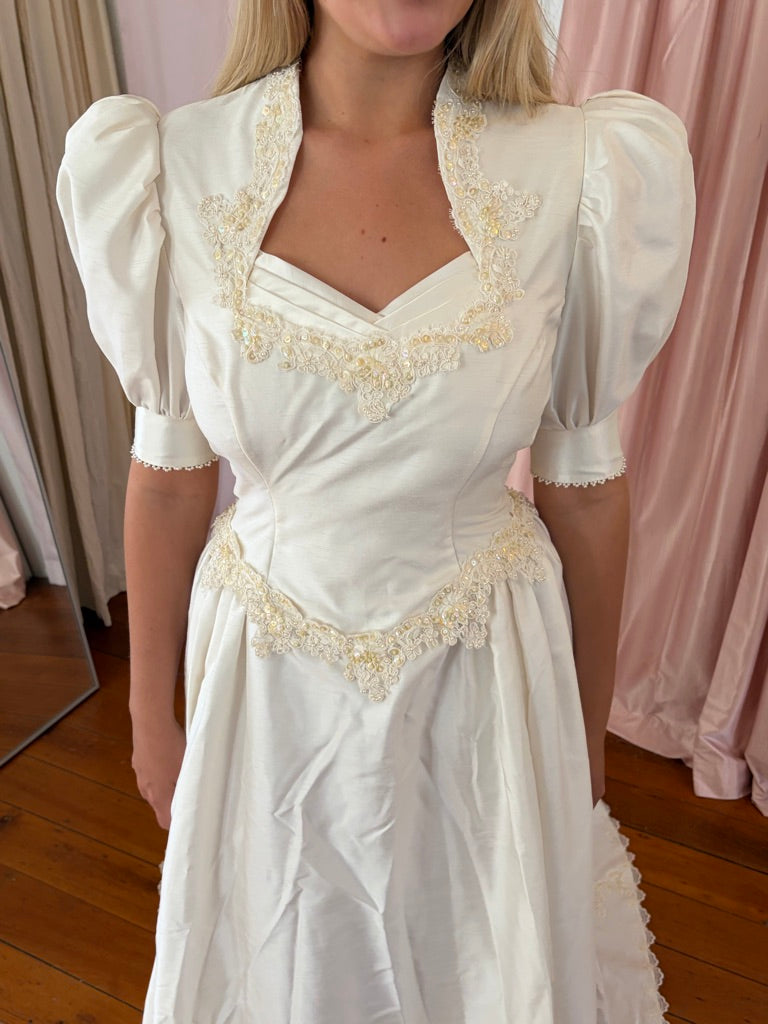 Vintage 90s cream raw silk dramatic princess wedding dress with train