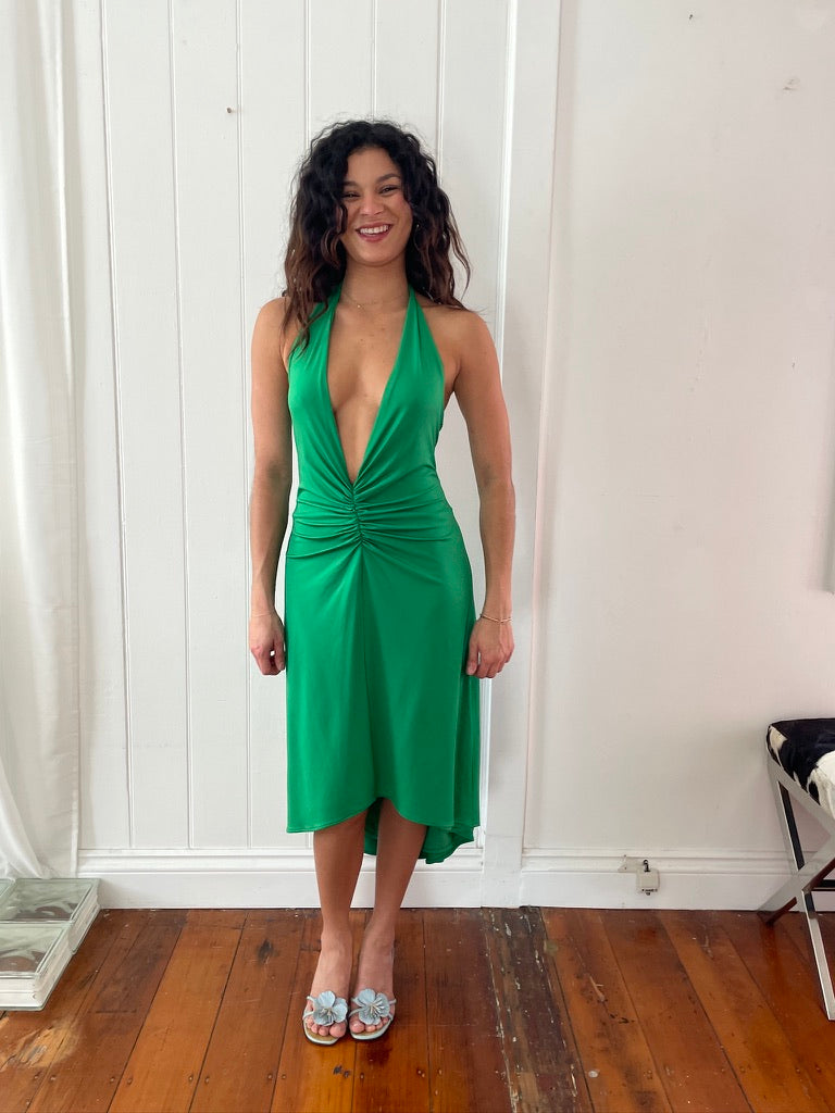 Vintage 90s green plunge neck backless mini dress