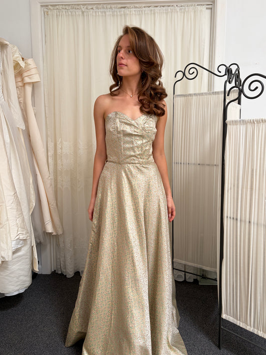 Vintage 50s gold brocade strapless evening gown with jacket