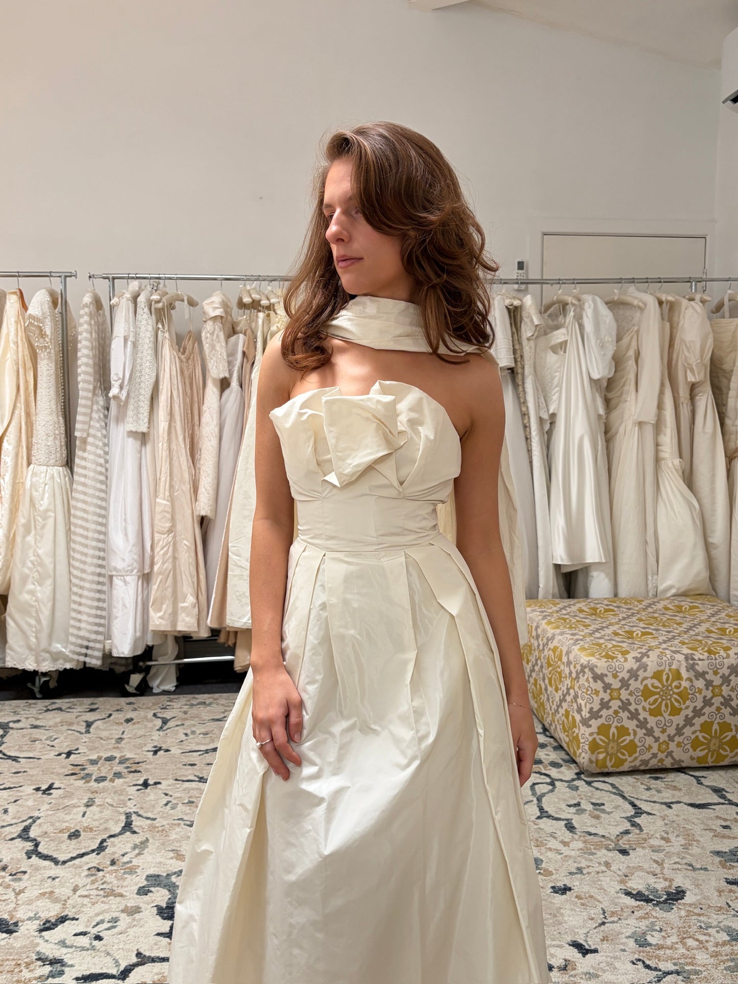 Vintage 00s cream taffeta strapless wedding dress with waist tie