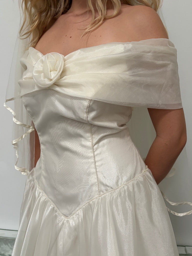 Vintage 90s basque waist organza tea length wedding dress
