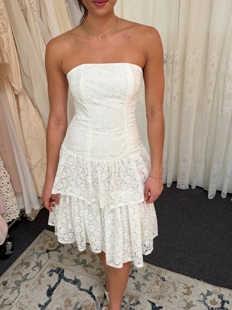 Vintage 80s white lace drop waist strapless mini dress