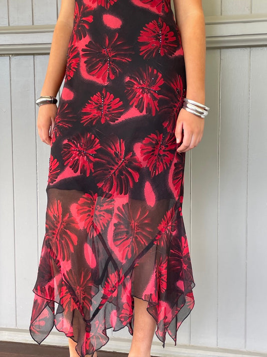 Vintage 90s black and red floral slip dress