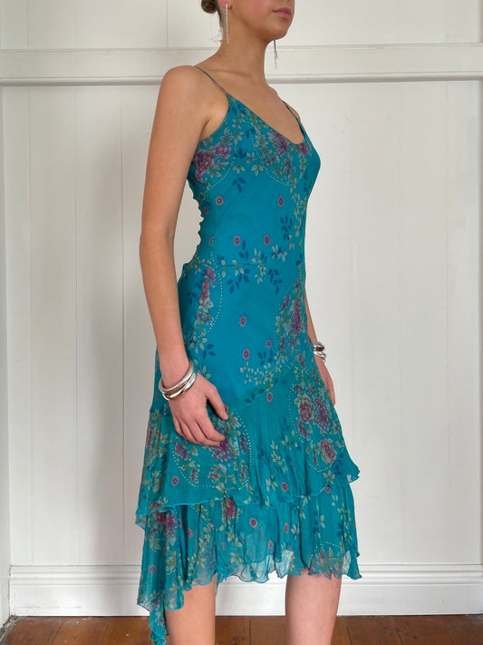 Vintage y2k blue floral silk bias cut asymmetric midi dress