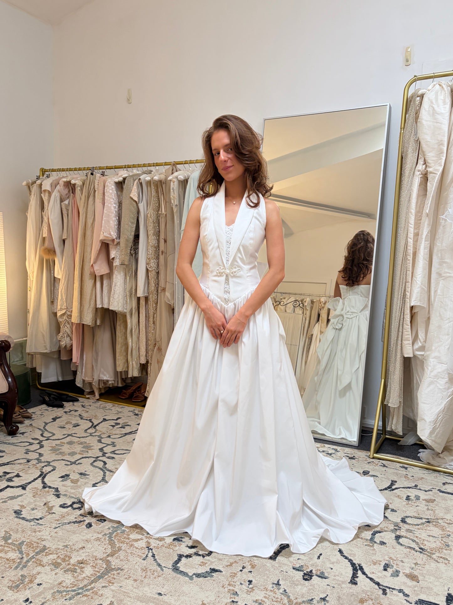 Vintage 90s taffeta basque waist halter wedding gown with train