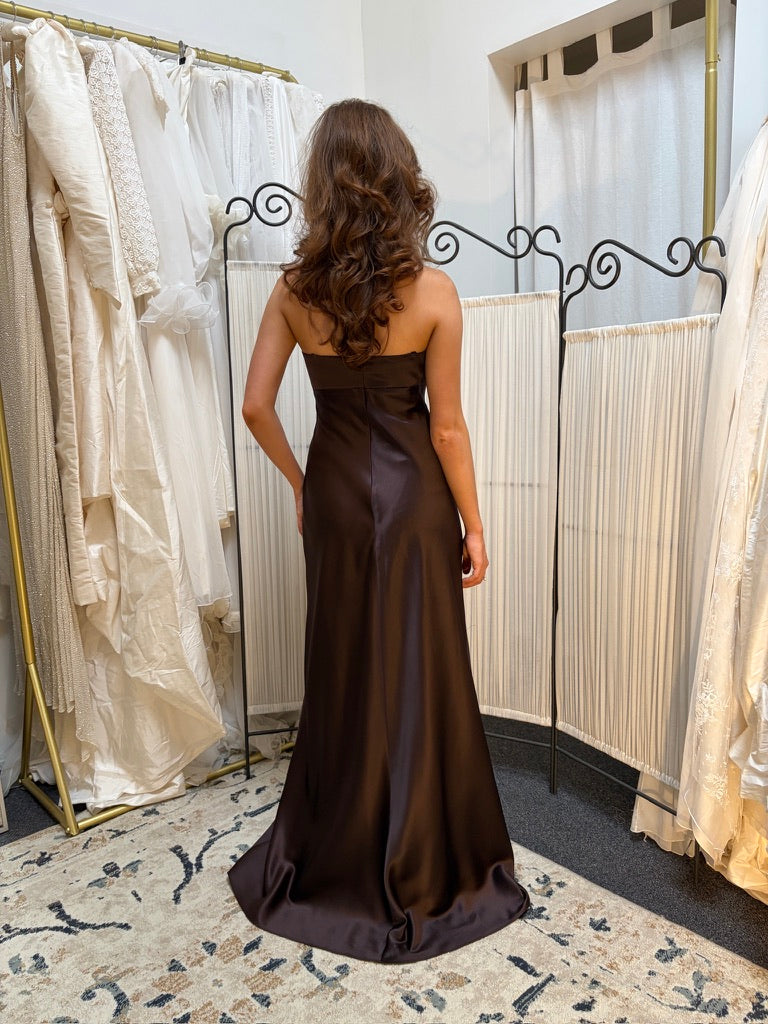 Vintage 90s Shelli Segal brown satin strapless evening gown