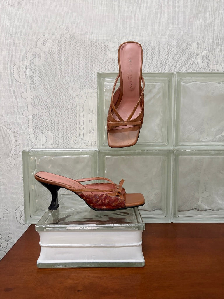 Vintage Balenciaga caramel square toe mules with bow