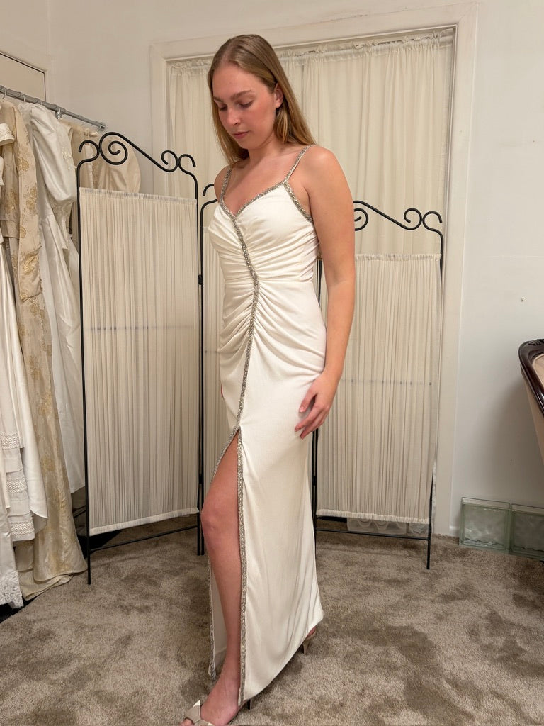 Vintage 90s Jack Bryan draped white dress with embellished trim