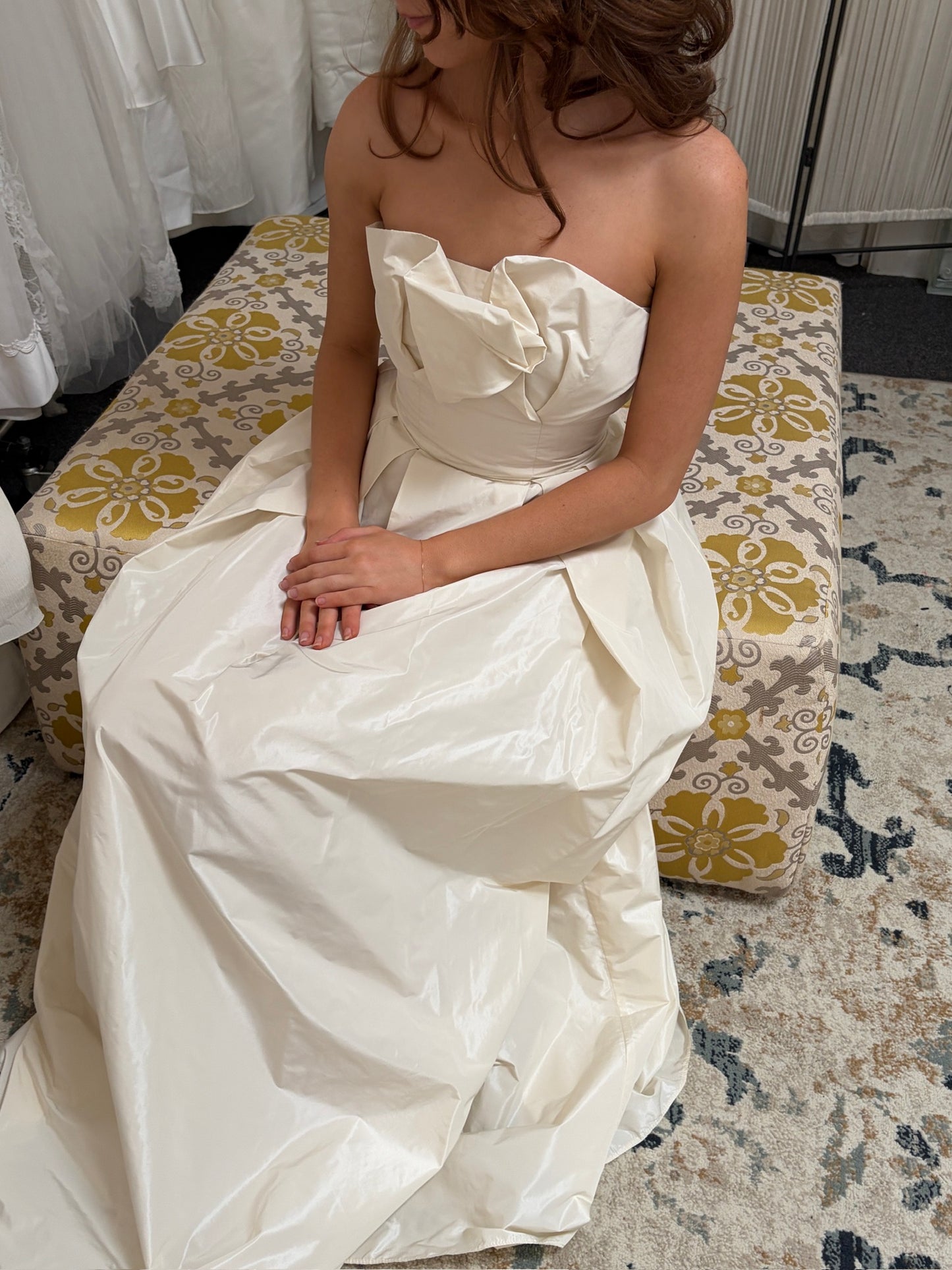 Vintage 00s cream taffeta strapless wedding dress with waist tie