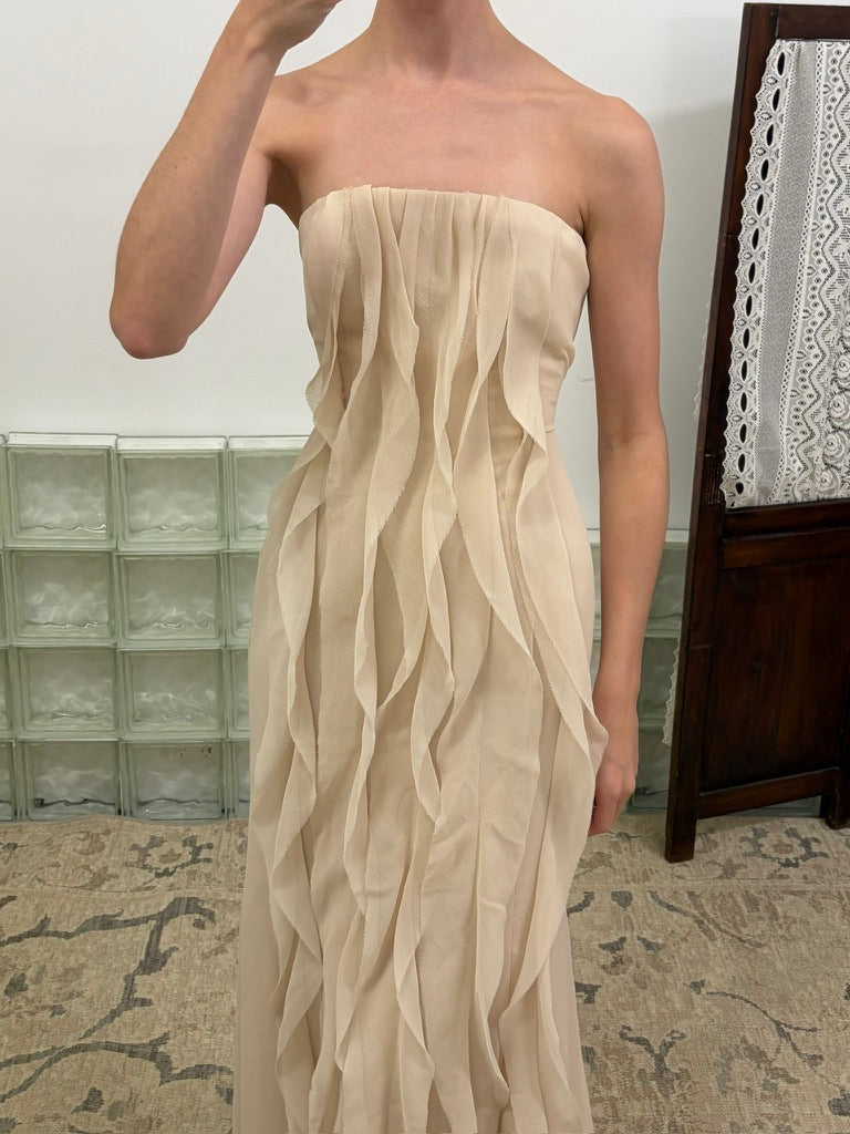 Vintage Y2K Vera Wang sand cascading ruffle dress