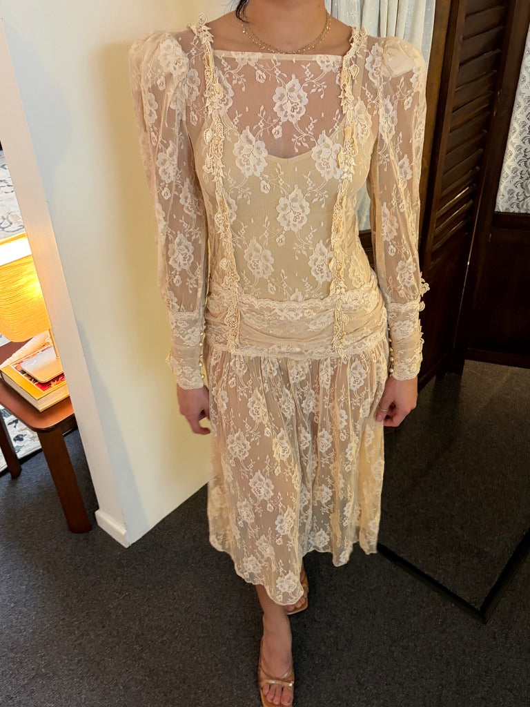 Vintage 80s drop waist long sleeve blush lace midi dress