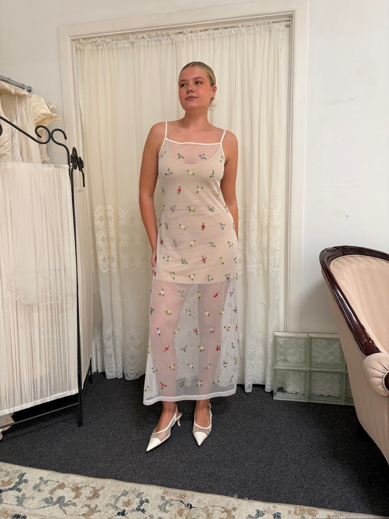 Vintage 90s ivory sheer slip dress with colourful beading