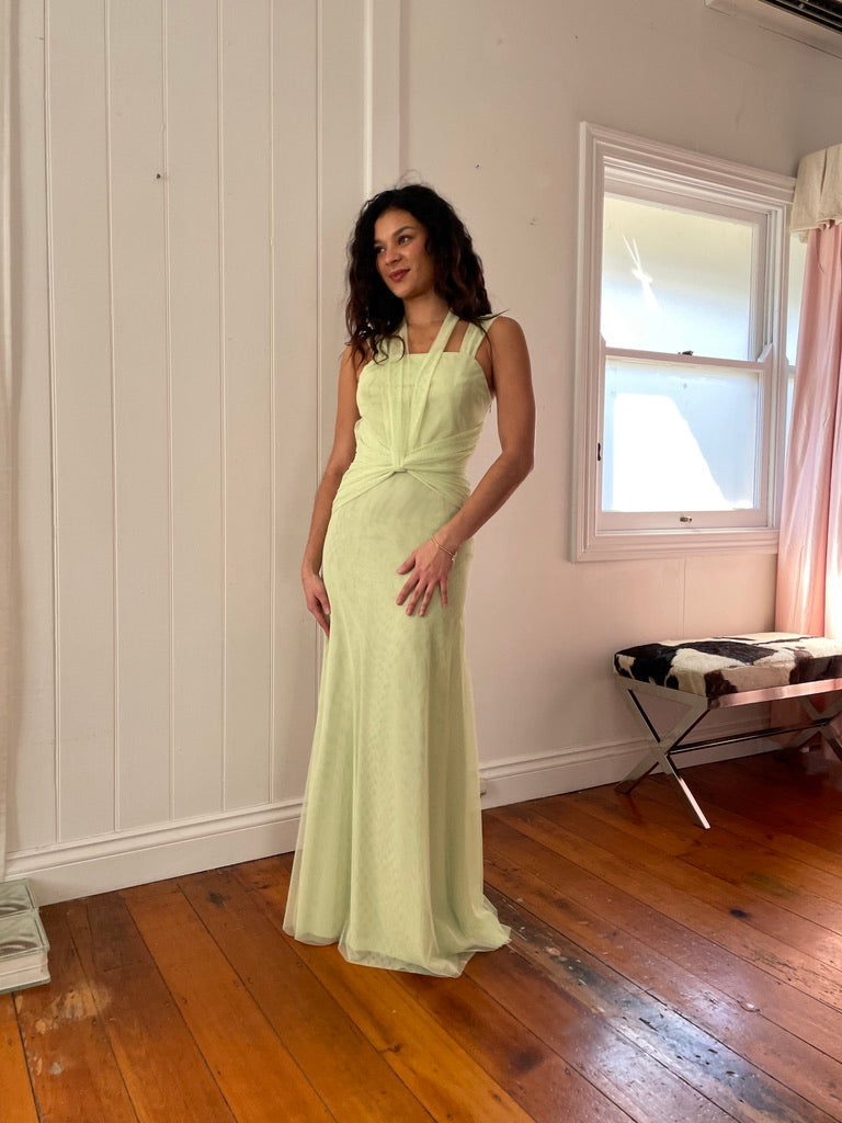Vintage Y2K Vera Wang matcha tulle gown with tie