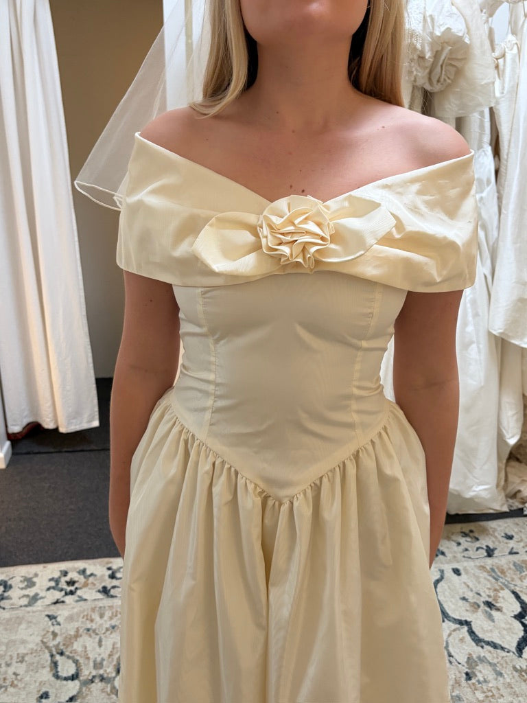 Vintage 90s cream off shoulder tea length basque waist wedding dress with rosette