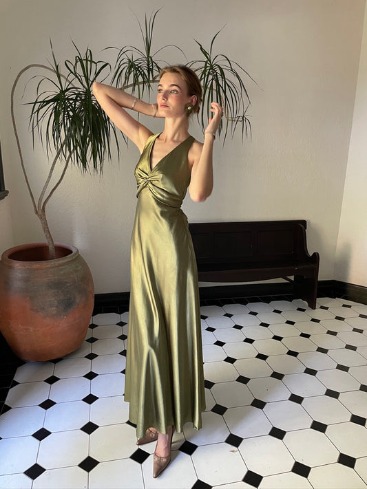 Martini Dress - Vintage 90s olive green satin gown with bow