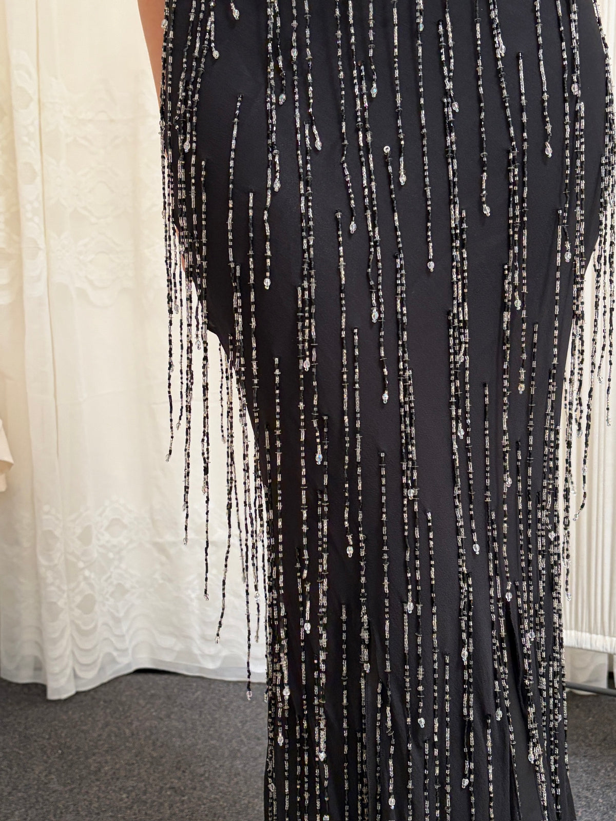 Vintage 90s black silk evening dress with beaded fringing