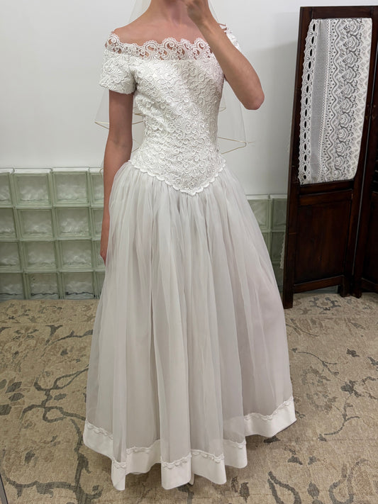 Vintage 90s ivory off shoulder basque waist wedding gown