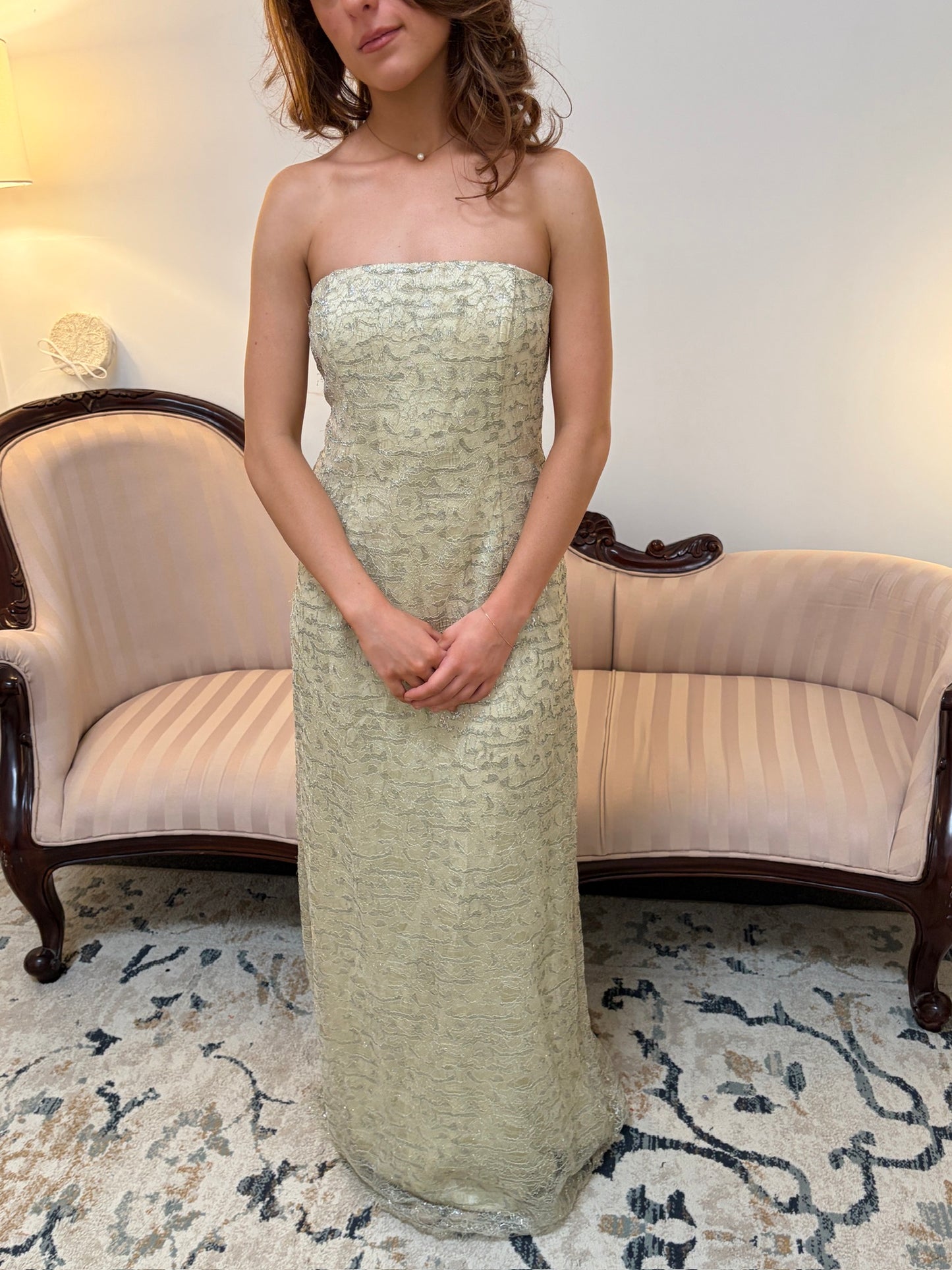 Vintage 00s Lisa Ho gold lace column evening gown