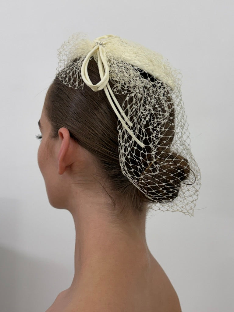 Vintage 80s cream satin bridal hat with birdcage veil