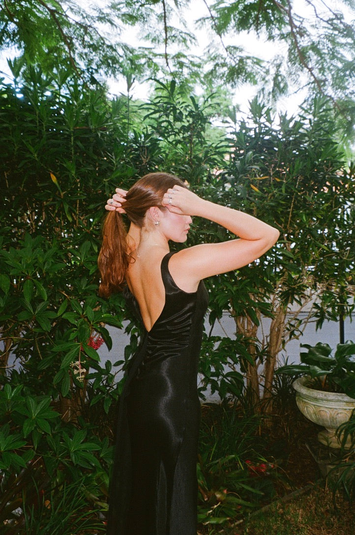 Vintage 80s does 30s black satin open back gown