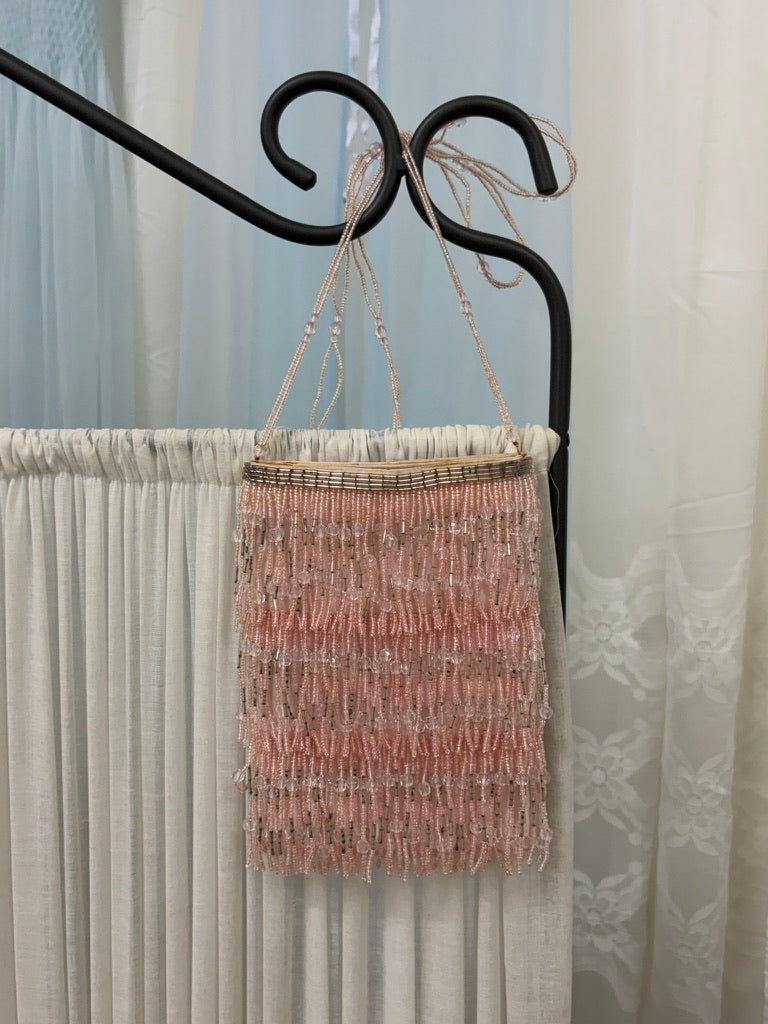 Vintage 90s pastel pink evening bag with beaded fringing