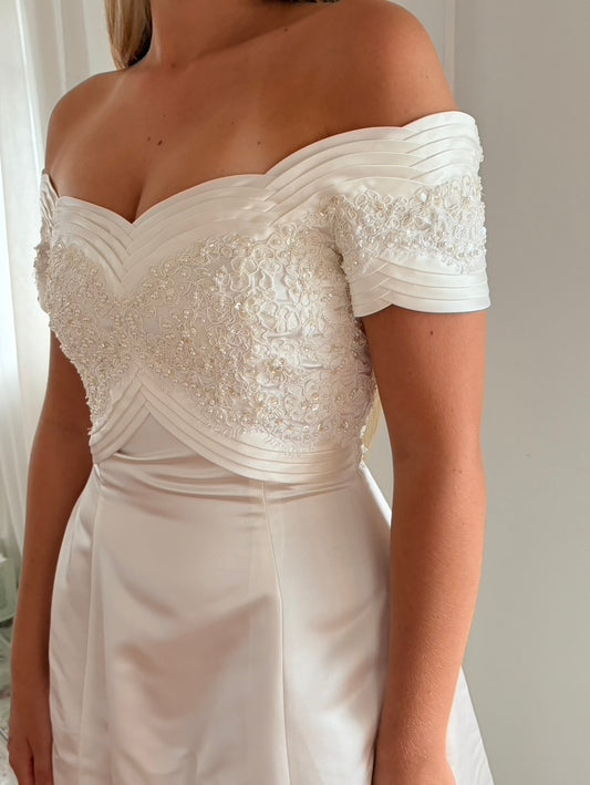 Vintage 90s ivory off shoulder pleated wedding gown with train