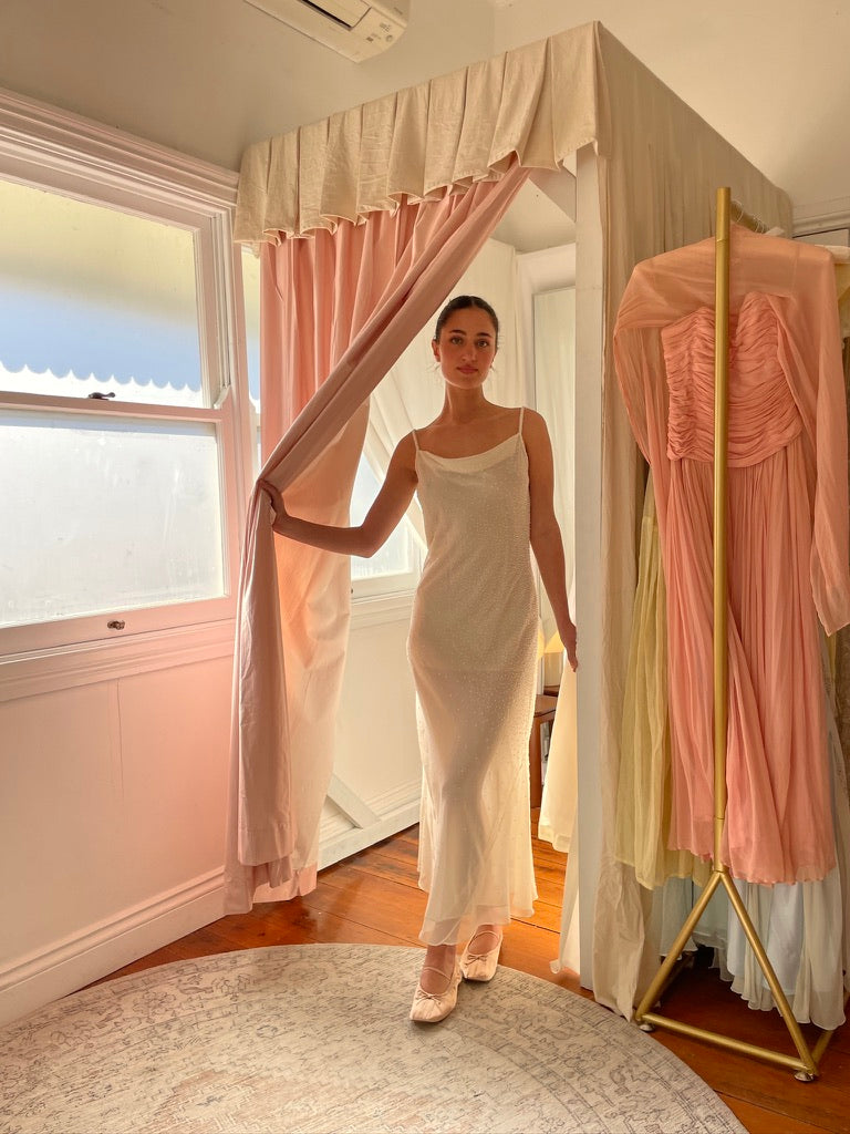 Vintage 90s white silk beaded bias cut slip dress