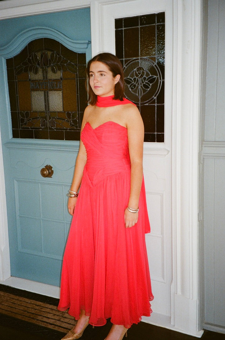 Vintage 80s red strapless basque waist gown with pleated bodice