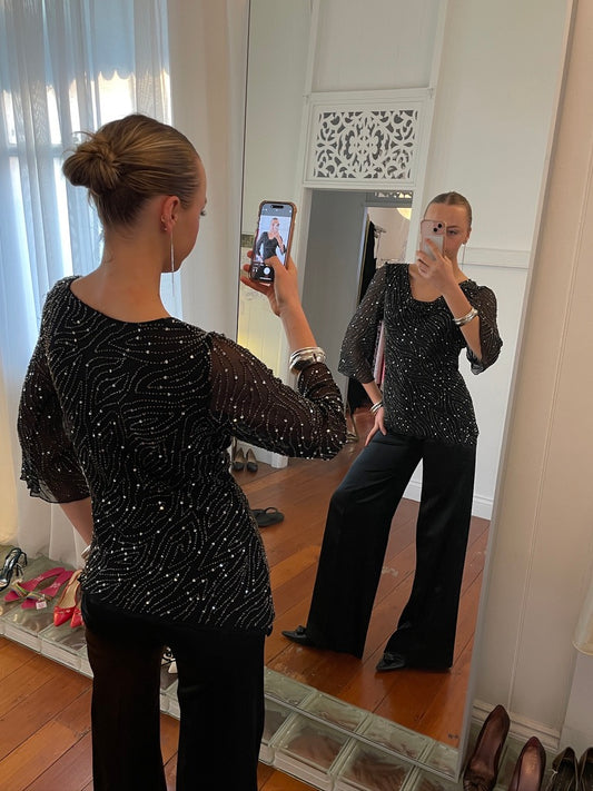 Vintage 90s black asymmetric silk sequinned blouse