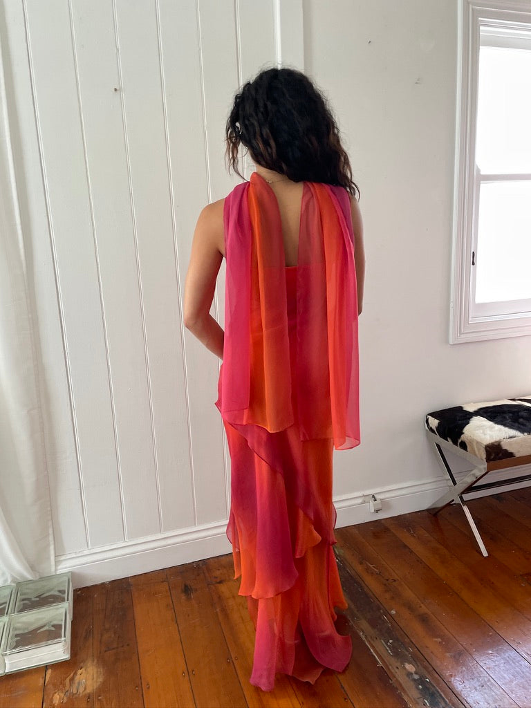 Sunset Dress - Vintage 90s ombre layered maxi with neck scarf Mondo Archive Sunset Dress - Vintage 90s ombre layered maxi with neck scarf Mondo Archive
