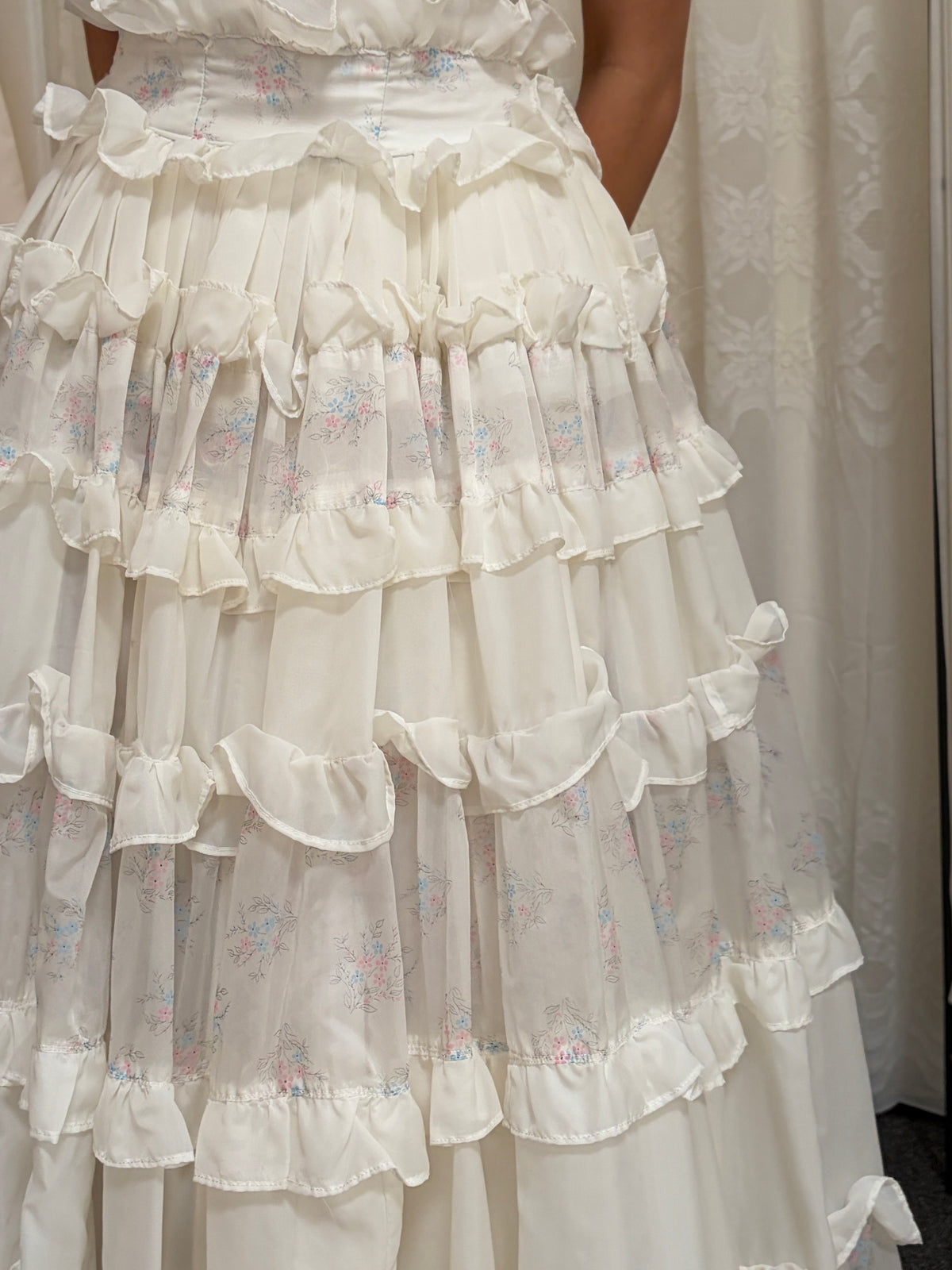 Vintage 60s ivory strapless cupcake dress with floral trim and ruffles