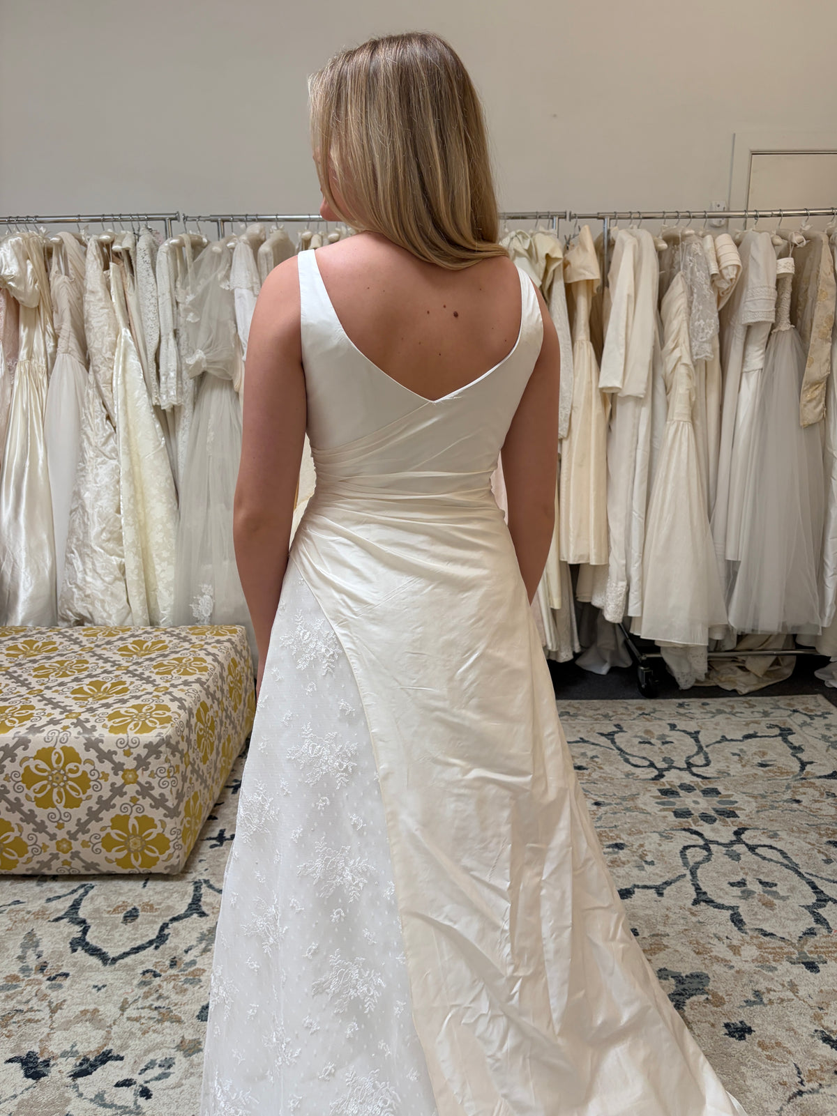 Vintage 00s V-neck draped silk taffeta lace wedding gown with train