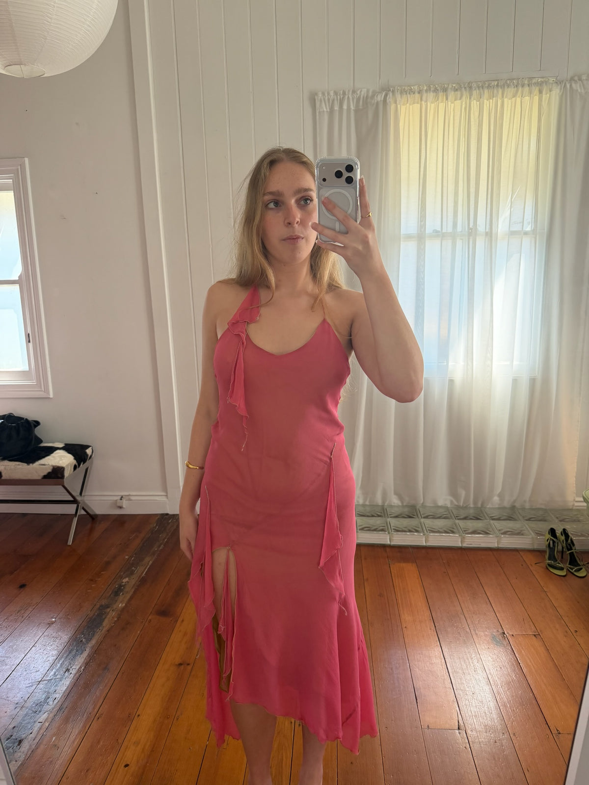 Vintage 1990 Jenny Bannister pink green silk halter maxi dress