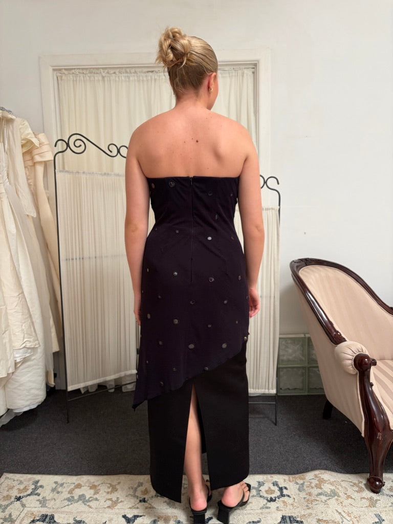 Vintage 90s black strapless evening gown with sheer overlay