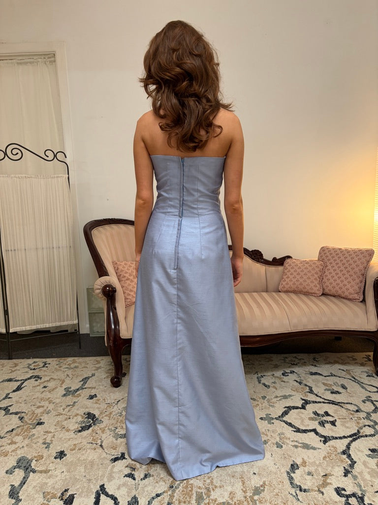 Vintage 90s blue strapless evening dress with bows