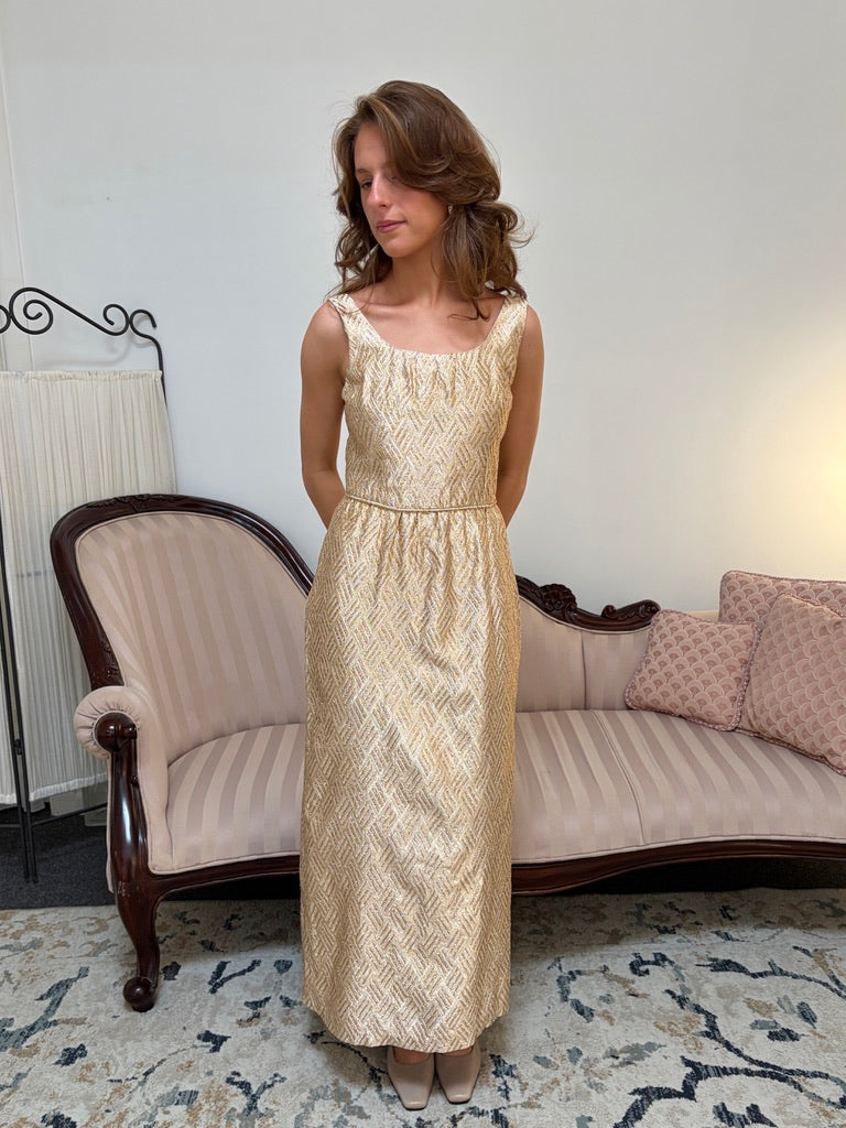 Vintage 60s gold sheath dress with matching bow jacket