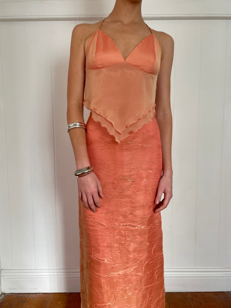 Vintage Y2K shimmery orange skirt and halter set
