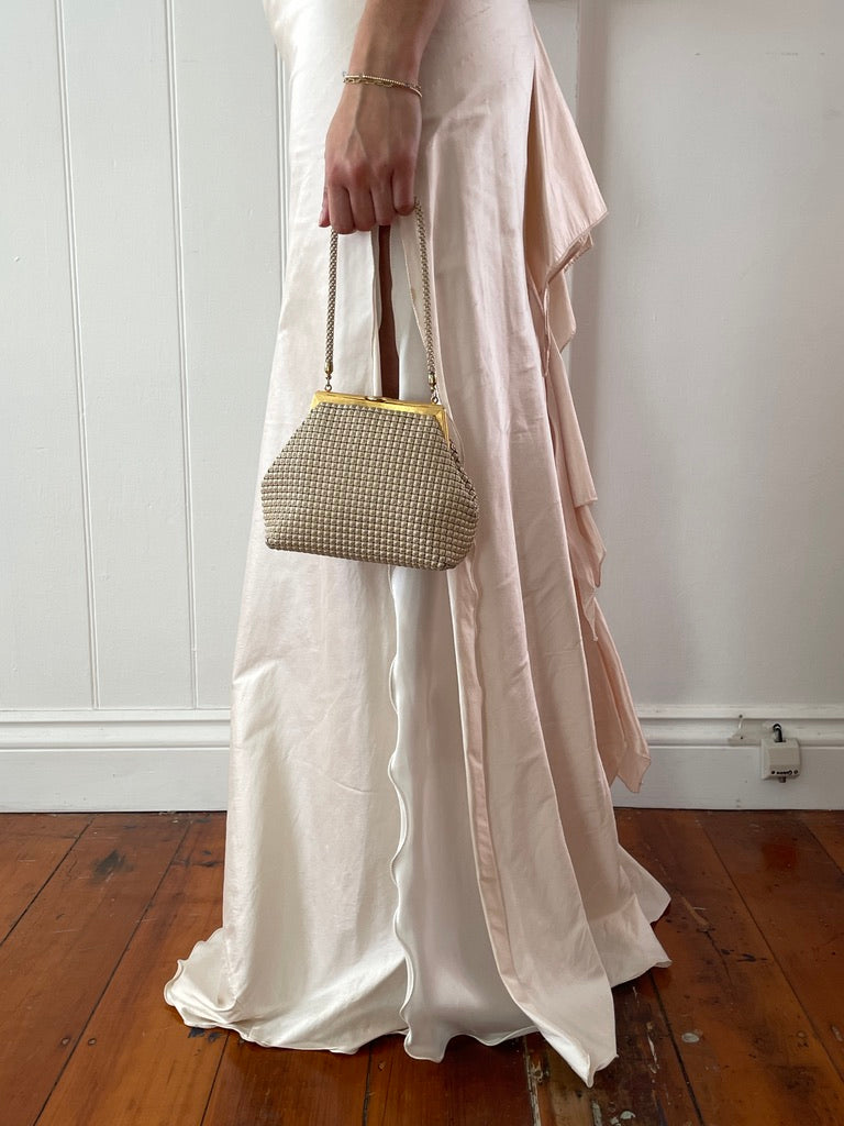 Vintage 60s cream mesh top handle bag with gold hardware