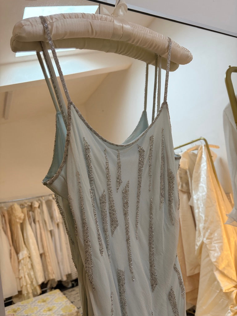 Vintage 00s ice blue silk beaded slip with slashed hem