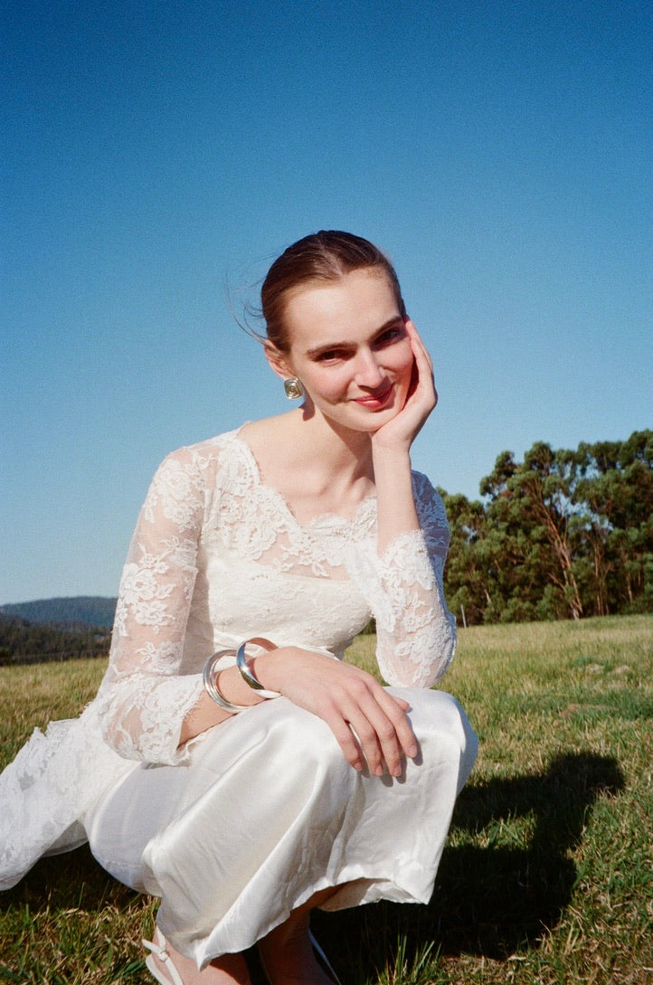 Vintage 60s long sleeve satin column gown with lace cape