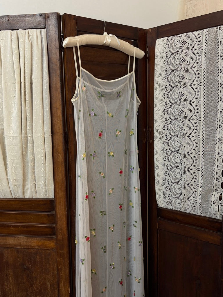 Vintage 90s ivory sheer slip dress with colourful beading – Mondo Archive