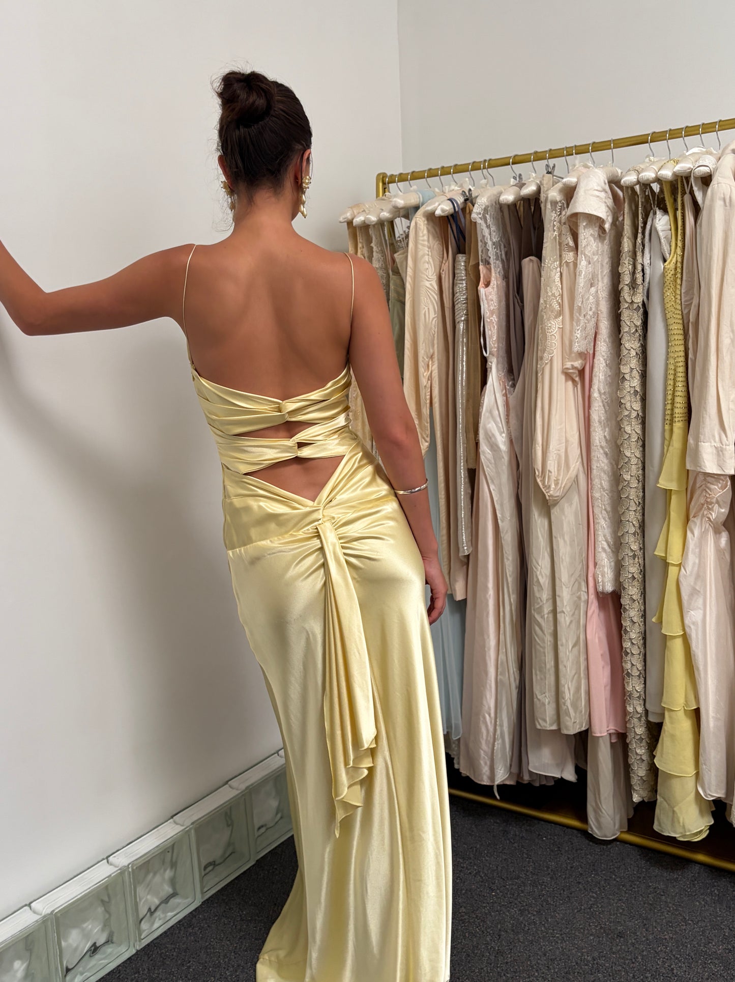 Vintage Y2K Ruth Tarvydas lemon satin twist gown