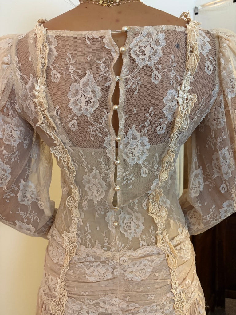 Vintage 80s drop waist long sleeve blush lace midi dress