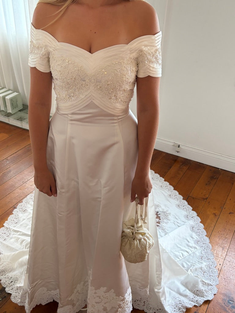 Vintage 90s ivory off shoulder pleated wedding gown with train