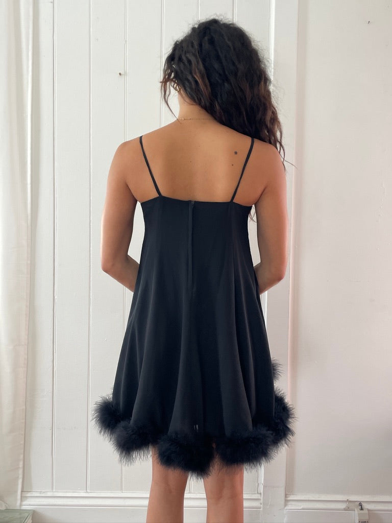 Vintage 90s Japanese black mini dress with ostrich feather trim