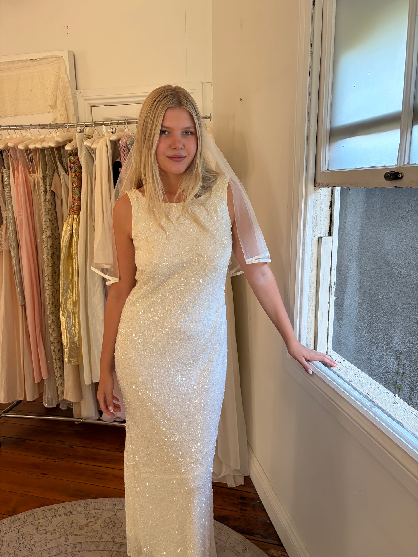 Vintage 90s silk beaded high neck gown with low back