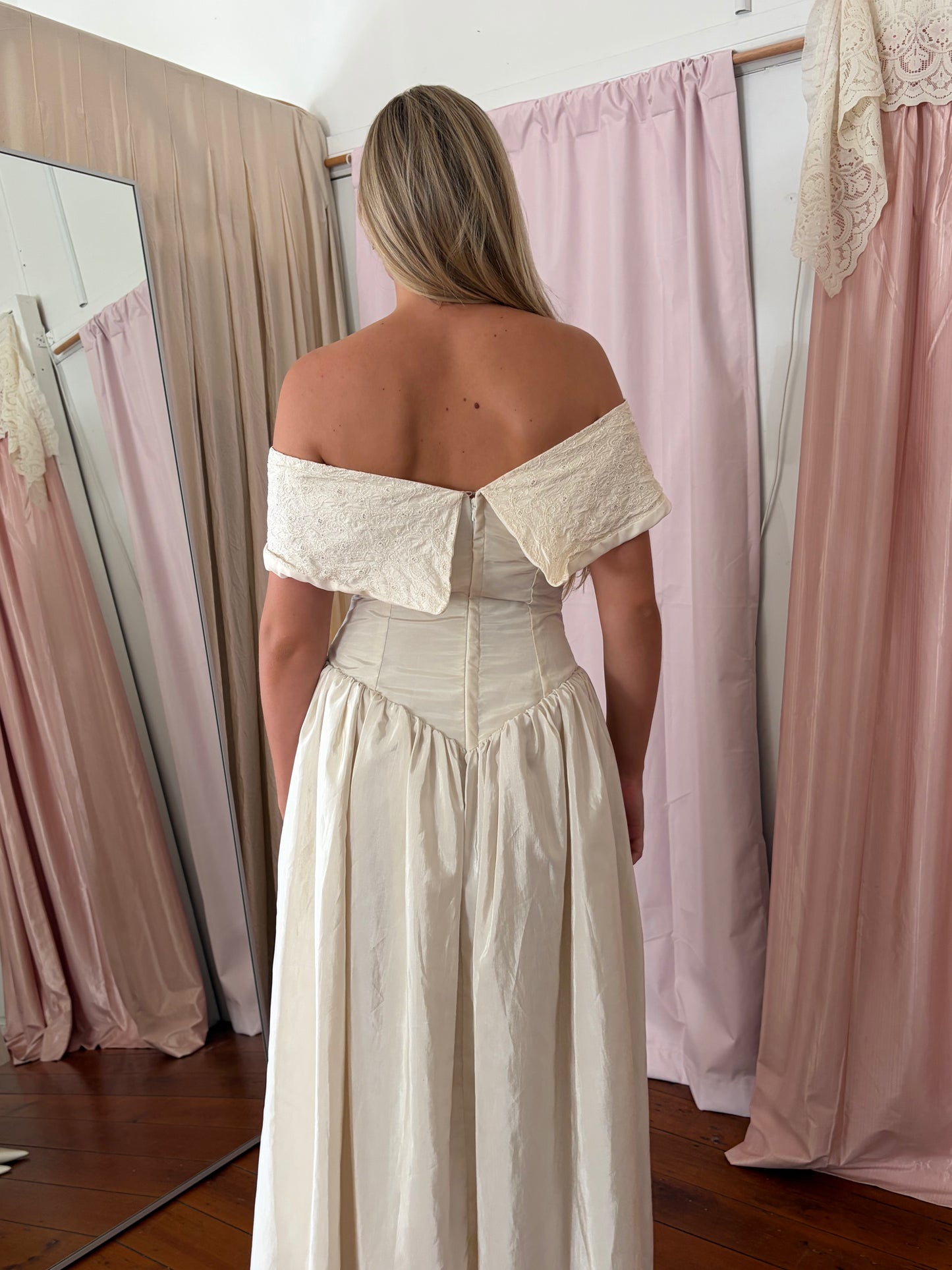 Vintage 90s cream basque waist off shoulder wedding dress