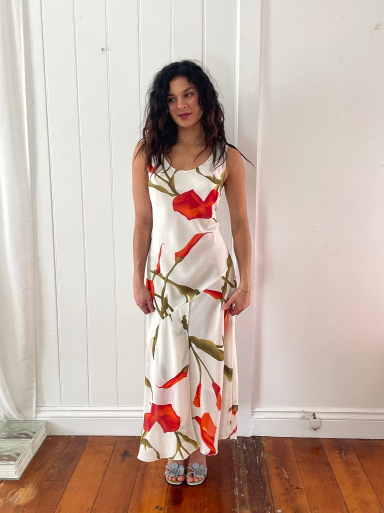 Vintage 90s white Calla Lily print maxi dress